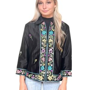 00s DRAPER's & DAMON's Black Silk Floral Embroidered Trim Jacket